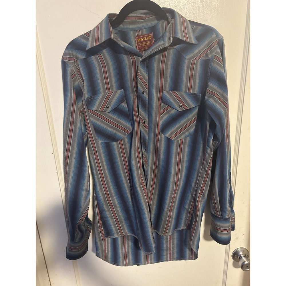 Rustler Western Pearl Snap Shirt Mens Medium Blue Striped Long Tail  Cotton